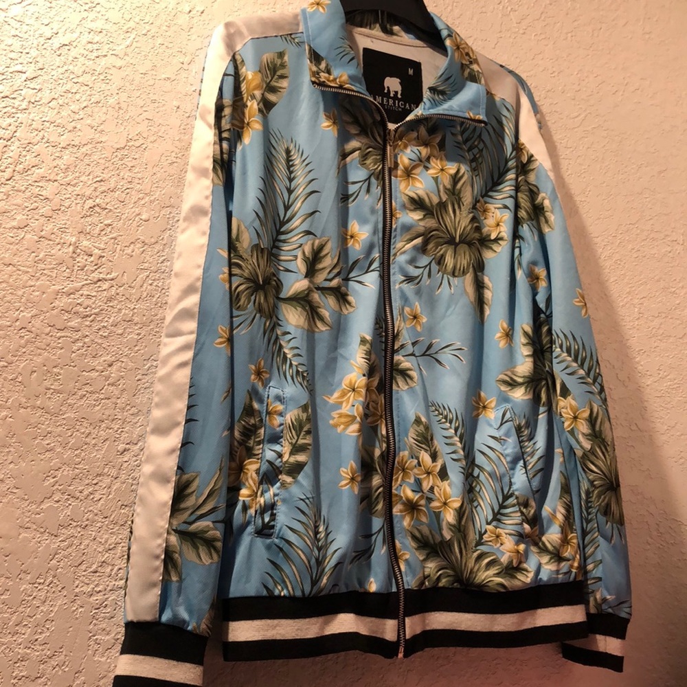 American Stitch Womens Size M Blue Flowered Zipper Track jacket